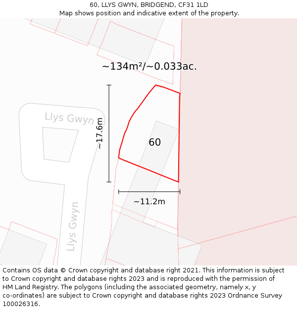 60, LLYS GWYN, BRIDGEND, CF31 1LD: Plot and title map