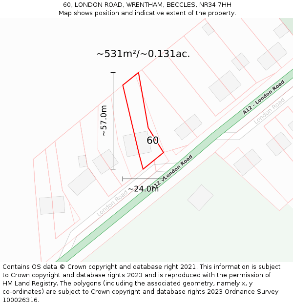 60, LONDON ROAD, WRENTHAM, BECCLES, NR34 7HH: Plot and title map