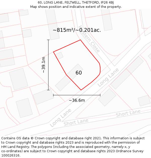 60, LONG LANE, FELTWELL, THETFORD, IP26 4BJ: Plot and title map