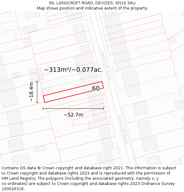 60, LONGCROFT ROAD, DEVIZES, SN10 3AU: Plot and title map