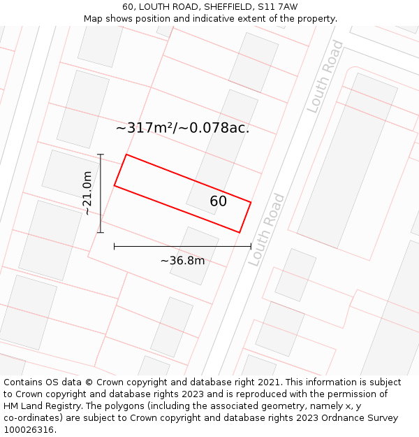 60, LOUTH ROAD, SHEFFIELD, S11 7AW: Plot and title map