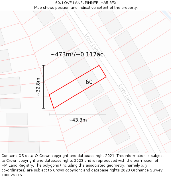 60, LOVE LANE, PINNER, HA5 3EX: Plot and title map