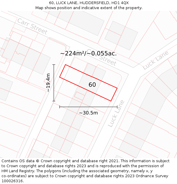 60, LUCK LANE, HUDDERSFIELD, HD1 4QX: Plot and title map