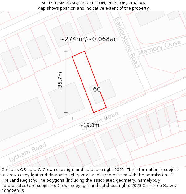 60, LYTHAM ROAD, FRECKLETON, PRESTON, PR4 1XA: Plot and title map