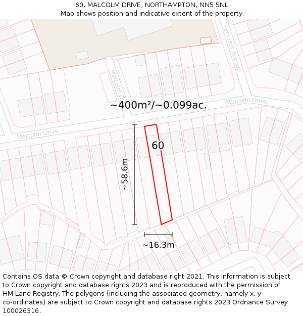 60, MALCOLM DRIVE, NORTHAMPTON, NN5 5NL: Plot and title map