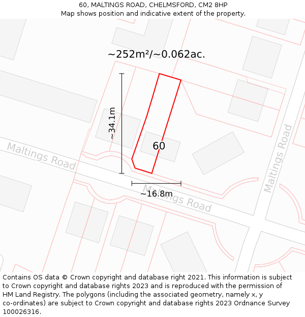60, MALTINGS ROAD, CHELMSFORD, CM2 8HP: Plot and title map