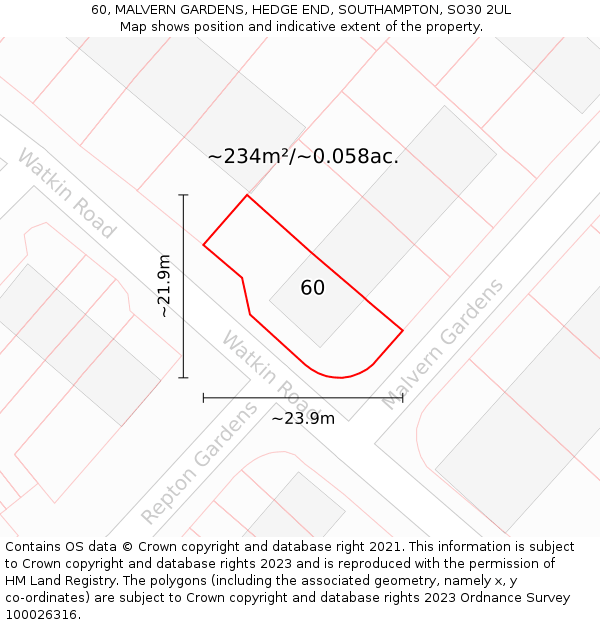 60, MALVERN GARDENS, HEDGE END, SOUTHAMPTON, SO30 2UL: Plot and title map