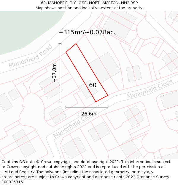 60, MANORFIELD CLOSE, NORTHAMPTON, NN3 9SP: Plot and title map