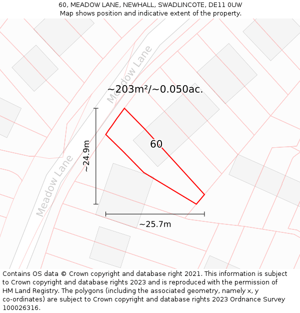 60, MEADOW LANE, NEWHALL, SWADLINCOTE, DE11 0UW: Plot and title map