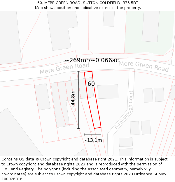 60, MERE GREEN ROAD, SUTTON COLDFIELD, B75 5BT: Plot and title map