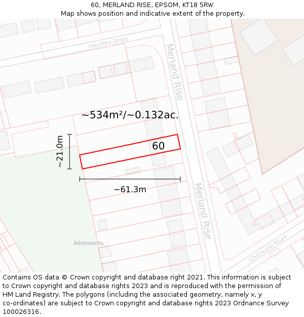 60, MERLAND RISE, EPSOM, KT18 5RW: Plot and title map