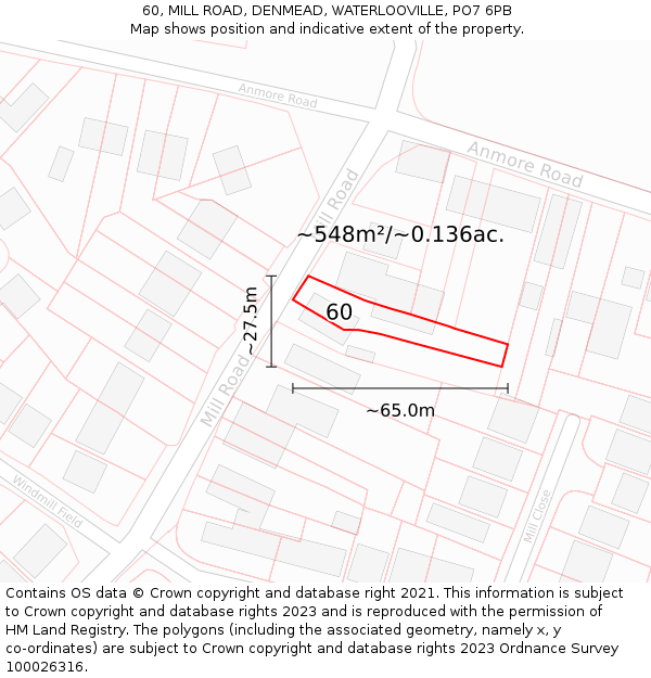 60, MILL ROAD, DENMEAD, WATERLOOVILLE, PO7 6PB: Plot and title map