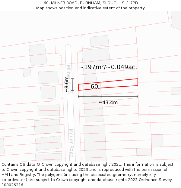 60, MILNER ROAD, BURNHAM, SLOUGH, SL1 7PB: Plot and title map