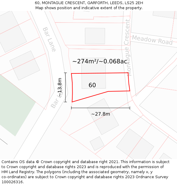60, MONTAGUE CRESCENT, GARFORTH, LEEDS, LS25 2EH: Plot and title map