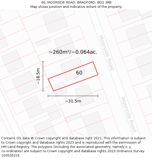 60, MOORSIDE ROAD, BRADFORD, BD2 3RB: Plot and title map
