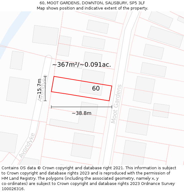 60, MOOT GARDENS, DOWNTON, SALISBURY, SP5 3LF: Plot and title map