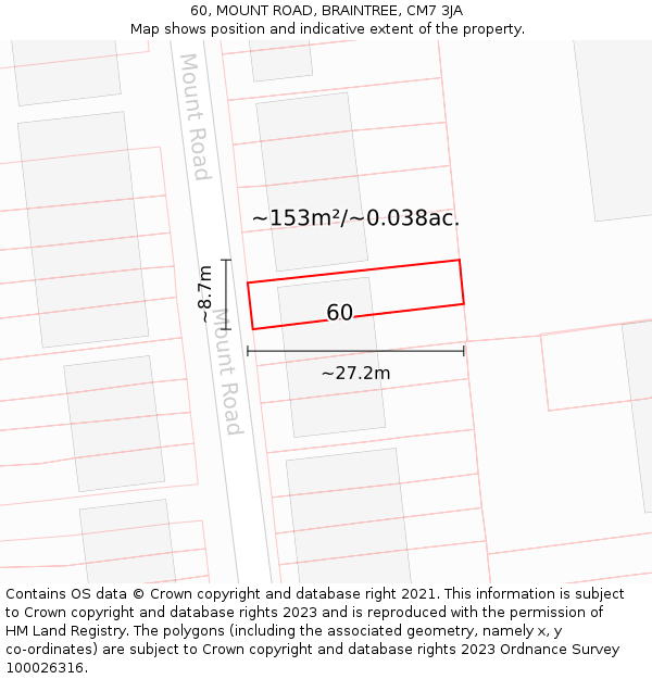 60, MOUNT ROAD, BRAINTREE, CM7 3JA: Plot and title map