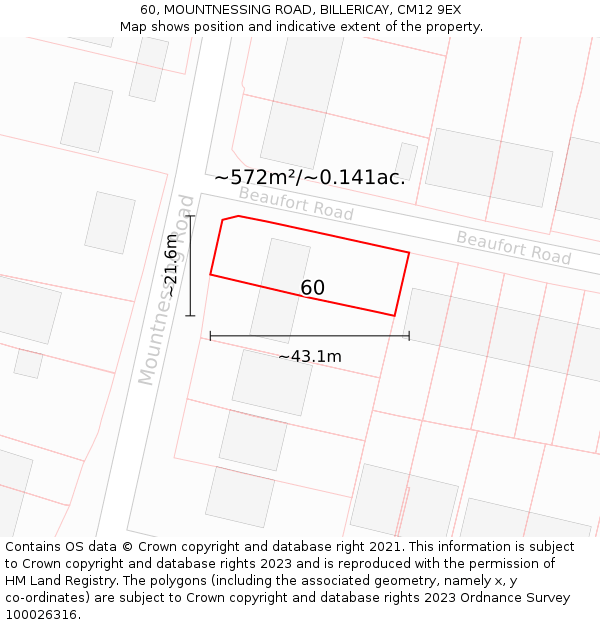 60, MOUNTNESSING ROAD, BILLERICAY, CM12 9EX: Plot and title map