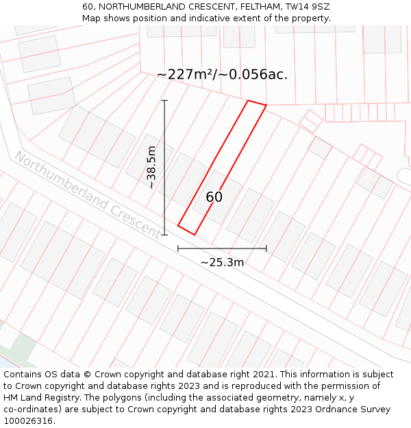 60, NORTHUMBERLAND CRESCENT, FELTHAM, TW14 9SZ: Plot and title map