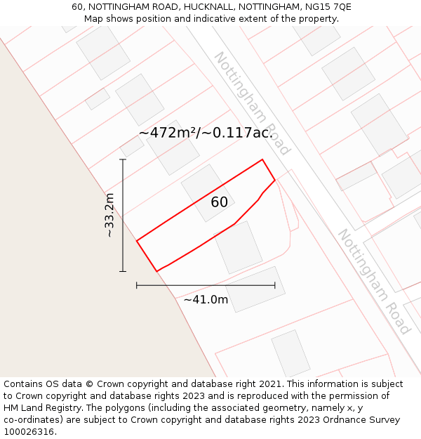 60, NOTTINGHAM ROAD, HUCKNALL, NOTTINGHAM, NG15 7QE: Plot and title map