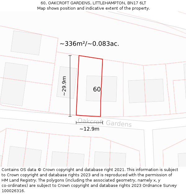 60, OAKCROFT GARDENS, LITTLEHAMPTON, BN17 6LT: Plot and title map