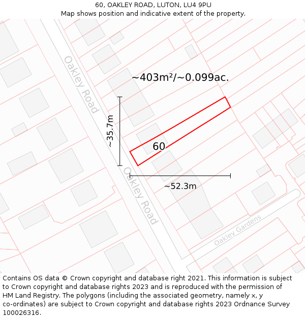 60, OAKLEY ROAD, LUTON, LU4 9PU: Plot and title map