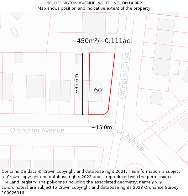 60, OFFINGTON AVENUE, WORTHING, BN14 9PP: Plot and title map