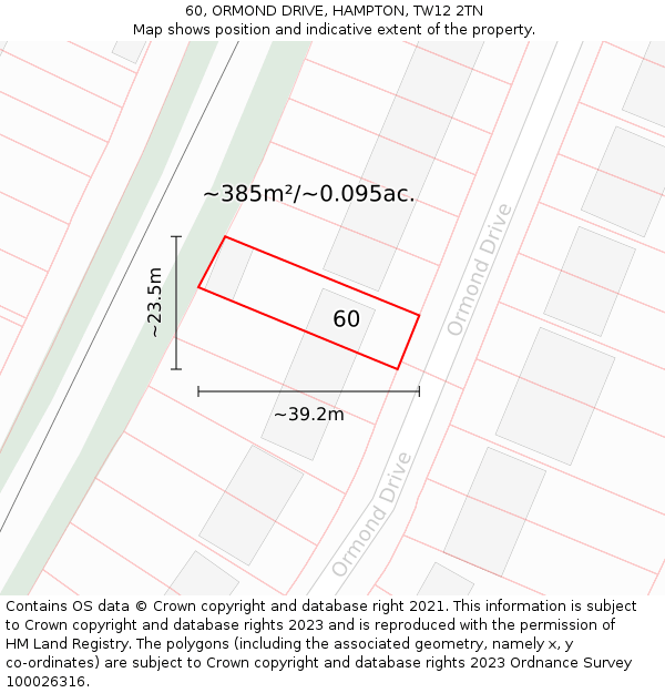 60, ORMOND DRIVE, HAMPTON, TW12 2TN: Plot and title map