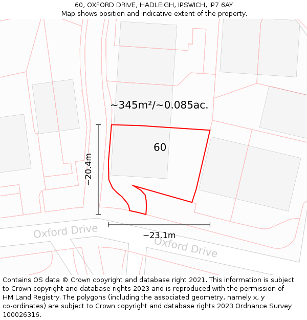 60, OXFORD DRIVE, HADLEIGH, IPSWICH, IP7 6AY: Plot and title map