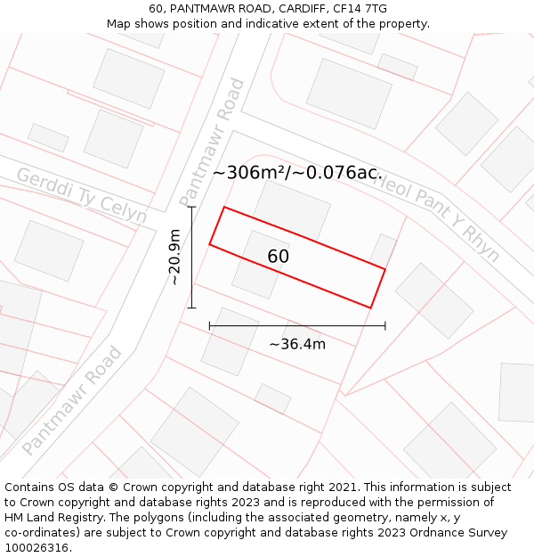 60, PANTMAWR ROAD, CARDIFF, CF14 7TG: Plot and title map