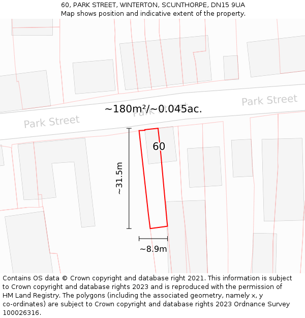 60, PARK STREET, WINTERTON, SCUNTHORPE, DN15 9UA: Plot and title map
