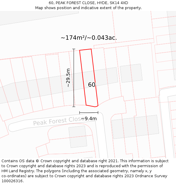 60, PEAK FOREST CLOSE, HYDE, SK14 4XD: Plot and title map