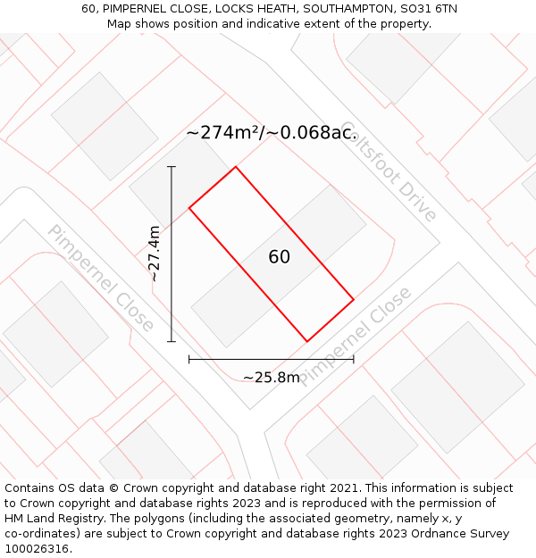 60, PIMPERNEL CLOSE, LOCKS HEATH, SOUTHAMPTON, SO31 6TN: Plot and title map