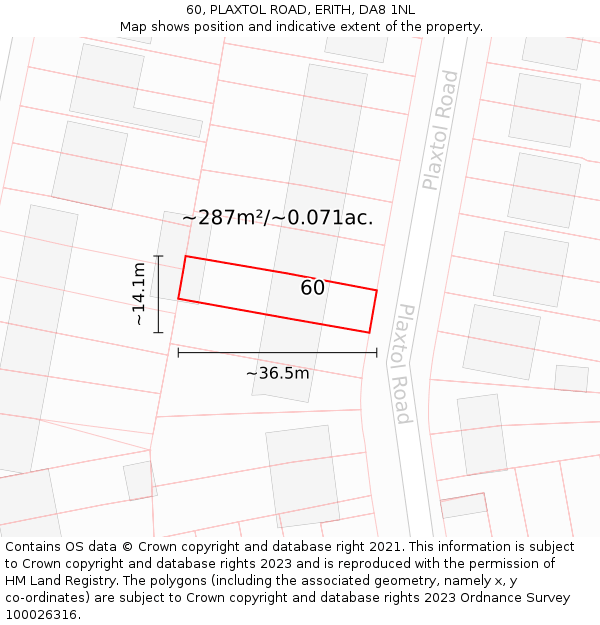 60, PLAXTOL ROAD, ERITH, DA8 1NL: Plot and title map