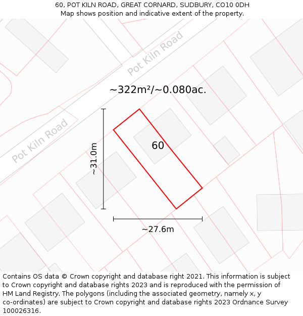 60, POT KILN ROAD, GREAT CORNARD, SUDBURY, CO10 0DH: Plot and title map