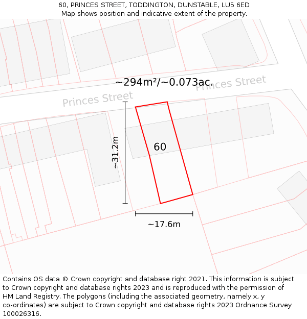 60, PRINCES STREET, TODDINGTON, DUNSTABLE, LU5 6ED: Plot and title map