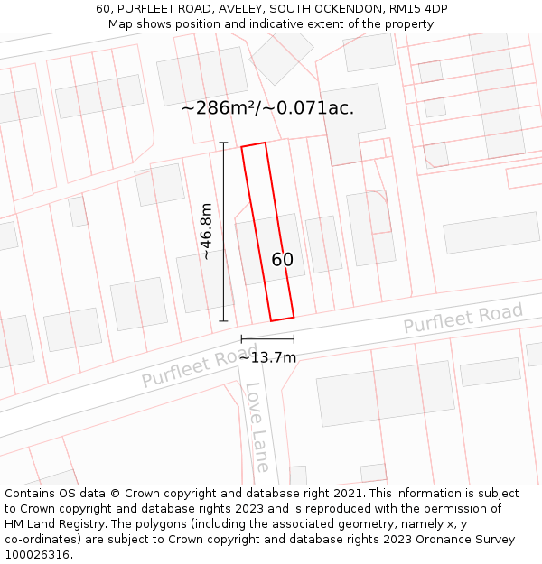 60, PURFLEET ROAD, AVELEY, SOUTH OCKENDON, RM15 4DP: Plot and title map