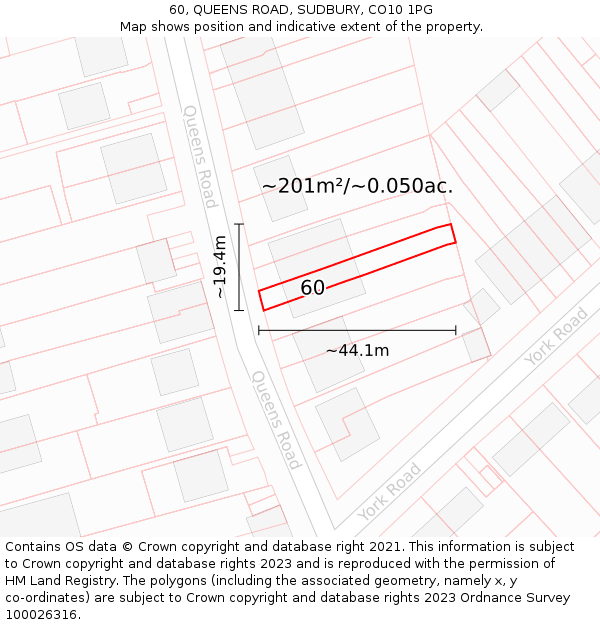 60, QUEENS ROAD, SUDBURY, CO10 1PG: Plot and title map