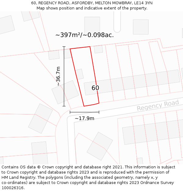 60, REGENCY ROAD, ASFORDBY, MELTON MOWBRAY, LE14 3YN: Plot and title map