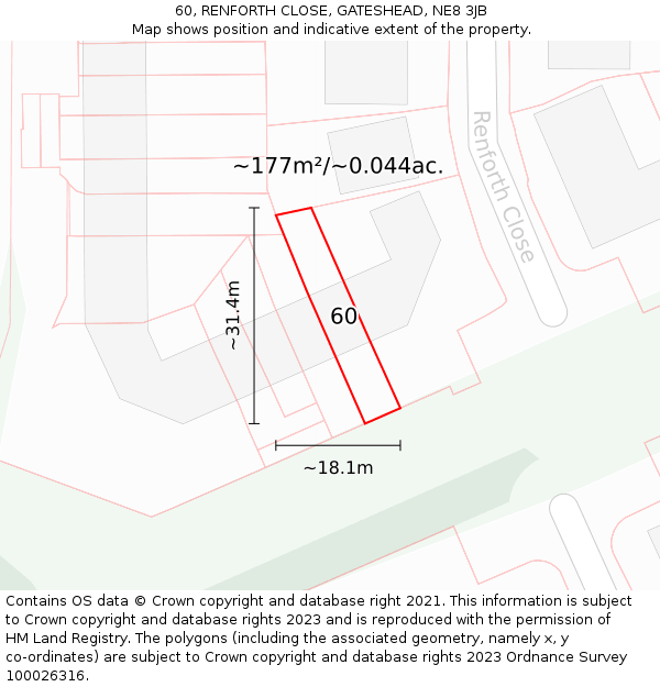 60, RENFORTH CLOSE, GATESHEAD, NE8 3JB: Plot and title map