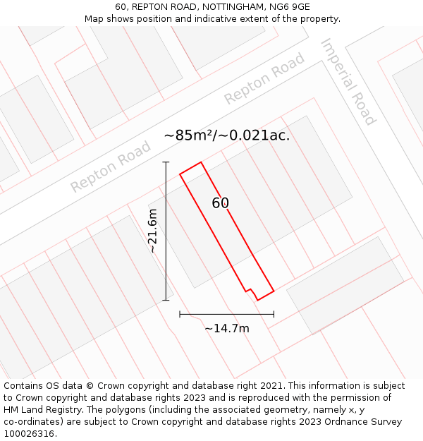 60, REPTON ROAD, NOTTINGHAM, NG6 9GE: Plot and title map