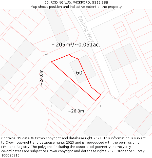 60, RODING WAY, WICKFORD, SS12 9BB: Plot and title map