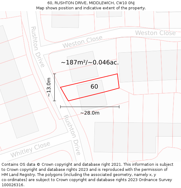 60, RUSHTON DRIVE, MIDDLEWICH, CW10 0NJ: Plot and title map