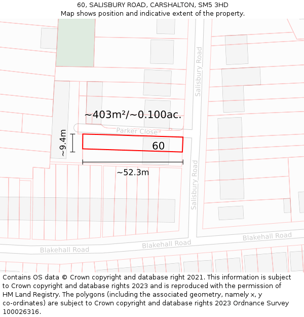60, SALISBURY ROAD, CARSHALTON, SM5 3HD: Plot and title map