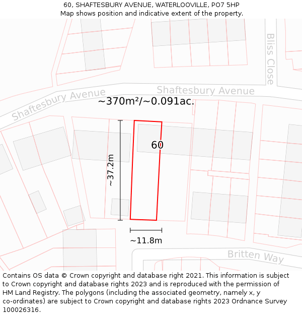 60, SHAFTESBURY AVENUE, WATERLOOVILLE, PO7 5HP: Plot and title map