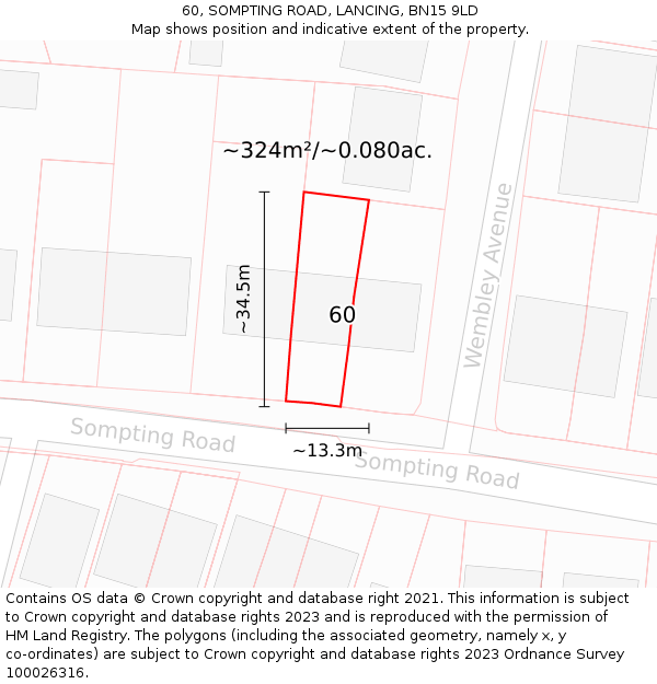60, SOMPTING ROAD, LANCING, BN15 9LD: Plot and title map
