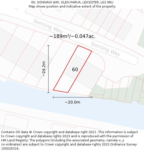 60, SONNING WAY, GLEN PARVA, LEICESTER, LE2 9RU: Plot and title map