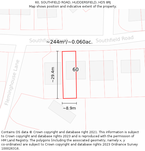60, SOUTHFIELD ROAD, HUDDERSFIELD, HD5 8RJ: Plot and title map