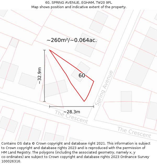 60, SPRING AVENUE, EGHAM, TW20 9PL: Plot and title map