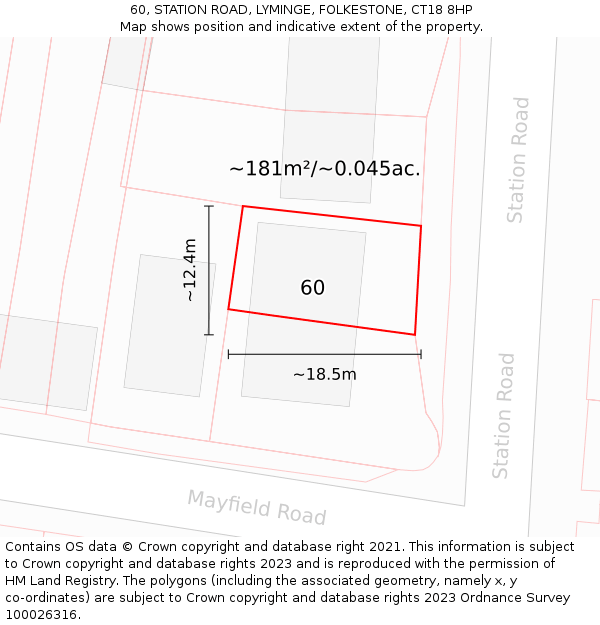 60, STATION ROAD, LYMINGE, FOLKESTONE, CT18 8HP: Plot and title map